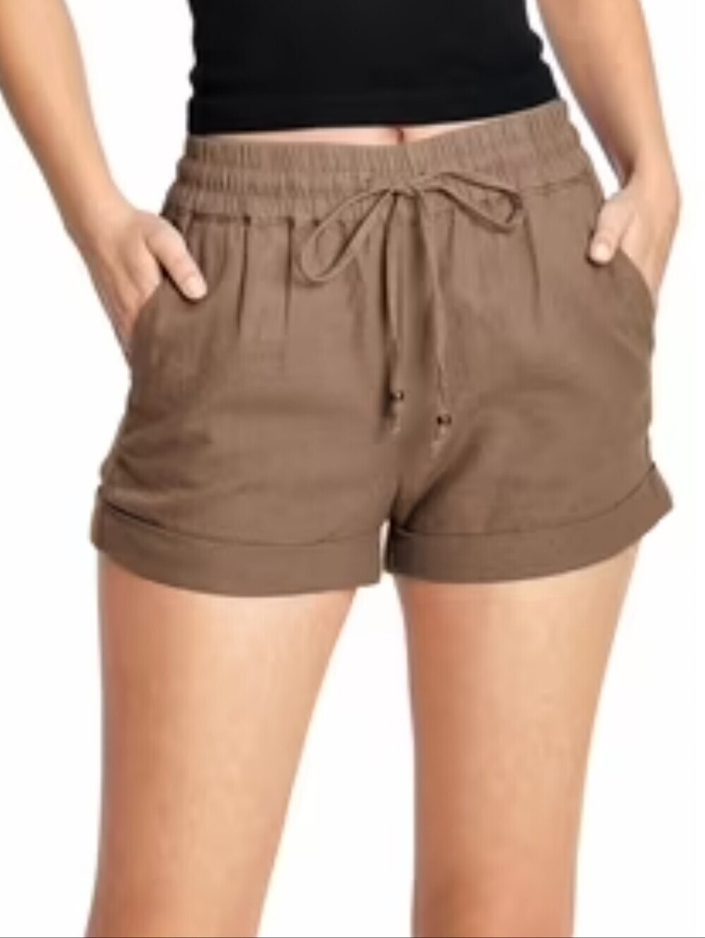 Women’s Drawstring Linen-Blend Shorts - Brown - Picture 1 of 9